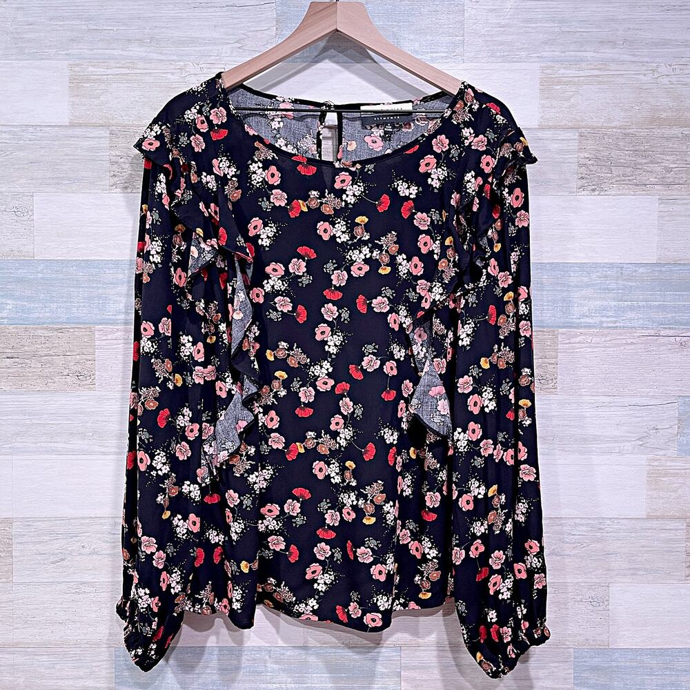 ELOQUII Elements Ruffle Detailed Blouse Black Floral Long Sleeve Woven Womens 16